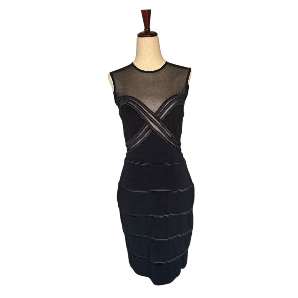 Vintage 90s Y2k Tadashi Black Stretch Bodycon Mini Bandage Mesh Dress S M